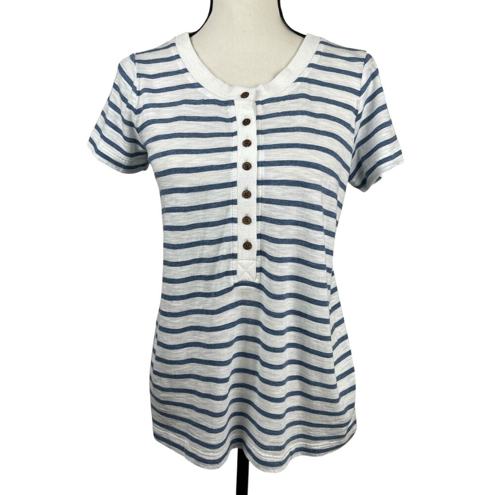 J.Jill Women's Striped Henley Top XS Blue White Short Sleeve Tee Shirt Casual
